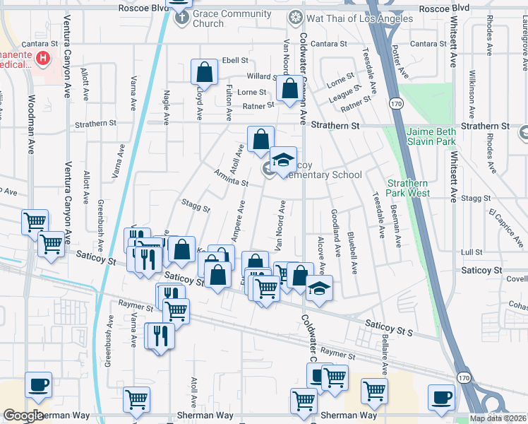 map of restaurants, bars, coffee shops, grocery stores, and more near 7748 Ethel Avenue in Los Angeles