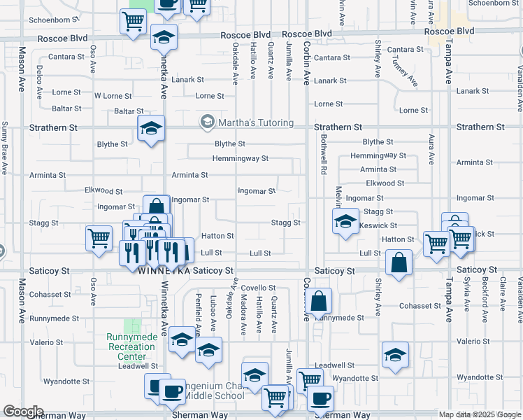 map of restaurants, bars, coffee shops, grocery stores, and more near 19758 Ingomar Street in Los Angeles