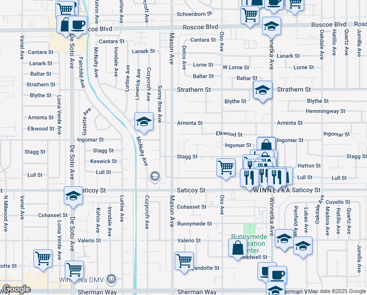 map of restaurants, bars, coffee shops, grocery stores, and more near 20464 Elkwood Street in Los Angeles