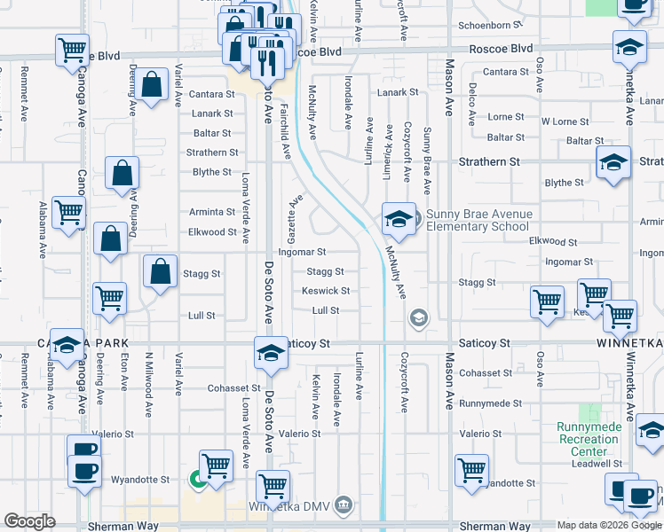 map of restaurants, bars, coffee shops, grocery stores, and more near 20739 Ingomar Street in Los Angeles