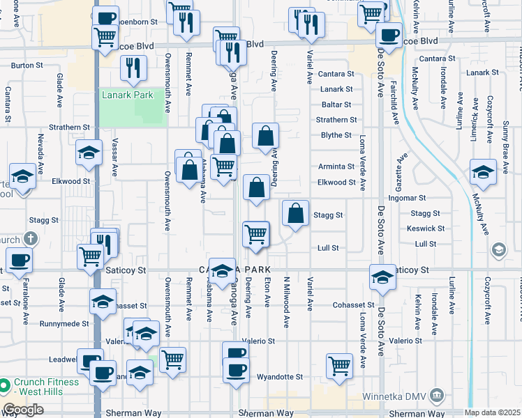 map of restaurants, bars, coffee shops, grocery stores, and more near 7767 Eton Avenue in Los Angeles