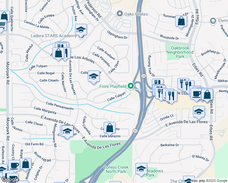 map of restaurants, bars, coffee shops, grocery stores, and more near 1385 Calle Crisantemo in Thousand Oaks