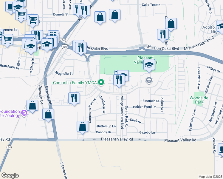map of restaurants, bars, coffee shops, grocery stores, and more near 259 Riverdale Court in Camarillo