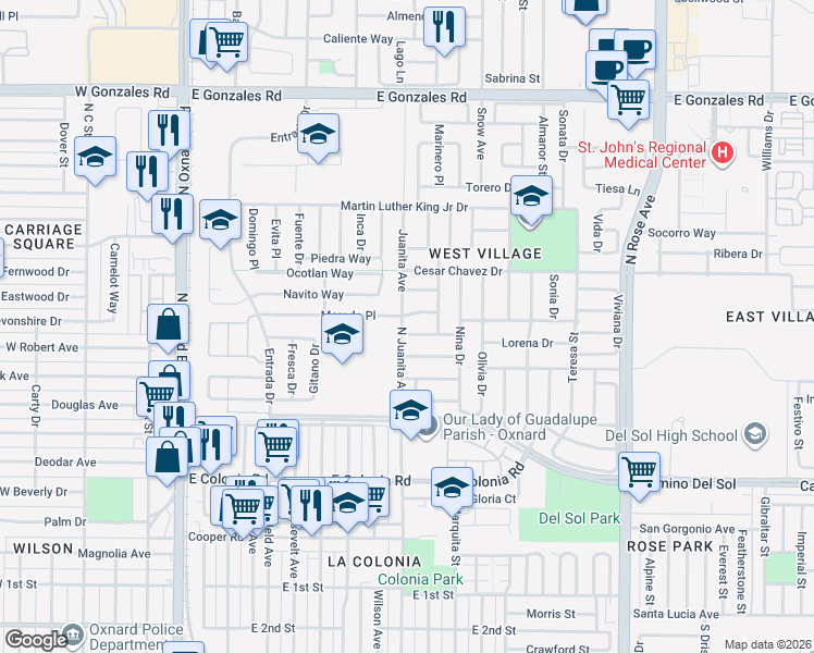 map of restaurants, bars, coffee shops, grocery stores, and more near 927 Morado Place in Oxnard