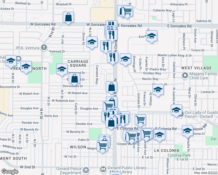 map of restaurants, bars, coffee shops, grocery stores, and more near 1053 Ambrosia Street in Oxnard
