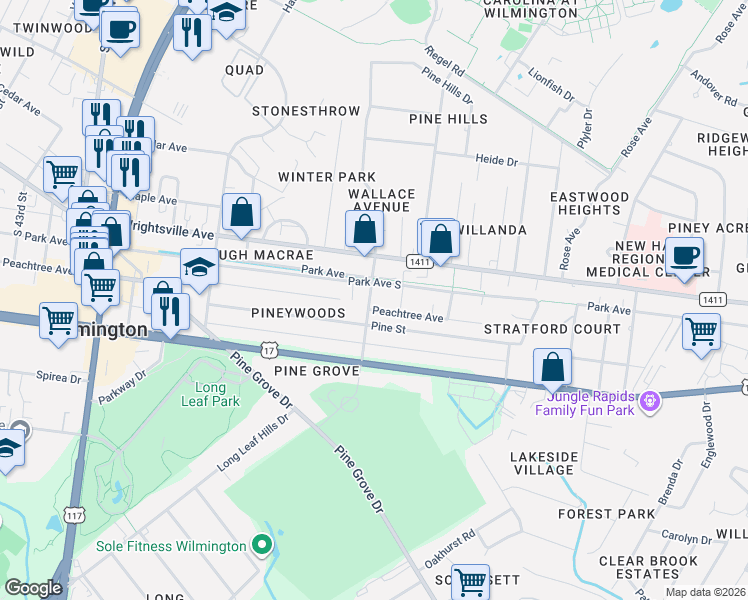 map of restaurants, bars, coffee shops, grocery stores, and more near 4950 Park Avenue in Wilmington