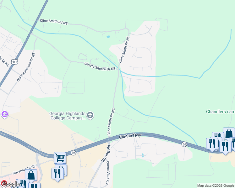 map of restaurants, bars, coffee shops, grocery stores, and more near 209 Cline Smith Road Northeast in Cartersville