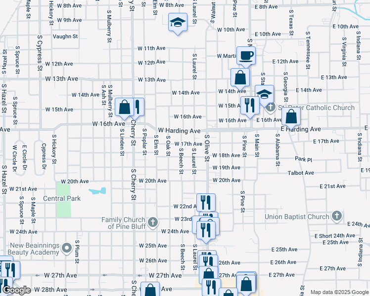 map of restaurants, bars, coffee shops, grocery stores, and more near 1706 South Laurel Street in Pine Bluff