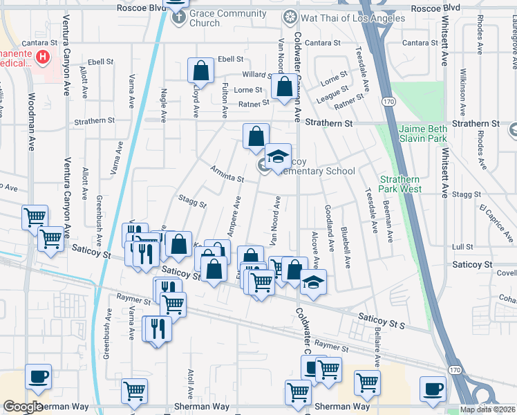 map of restaurants, bars, coffee shops, grocery stores, and more near 7748 Ethel Avenue in Los Angeles