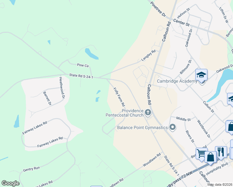 map of restaurants, bars, coffee shops, grocery stores, and more near 221 Folly Farm Road in Greenwood