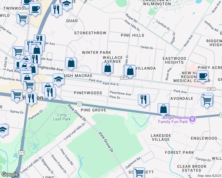 map of restaurants, bars, coffee shops, grocery stores, and more near 103 Wallace Avenue South in Wilmington