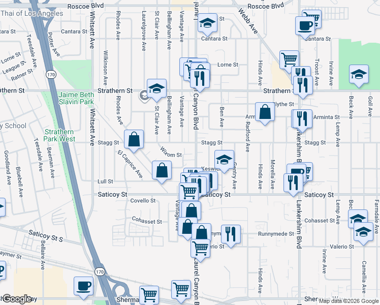 map of restaurants, bars, coffee shops, grocery stores, and more near 7739 Laurel Canyon Boulevard in Los Angeles