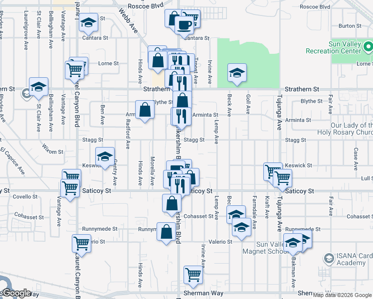 map of restaurants, bars, coffee shops, grocery stores, and more near 7742 Lankershim Blvd in North Hollywood