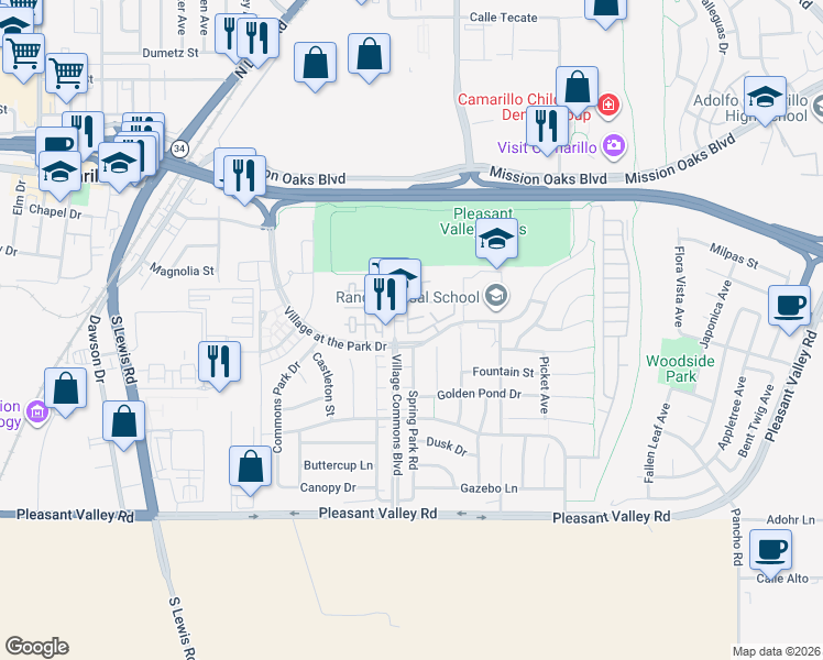 map of restaurants, bars, coffee shops, grocery stores, and more near 288 Lightwood Street in Camarillo