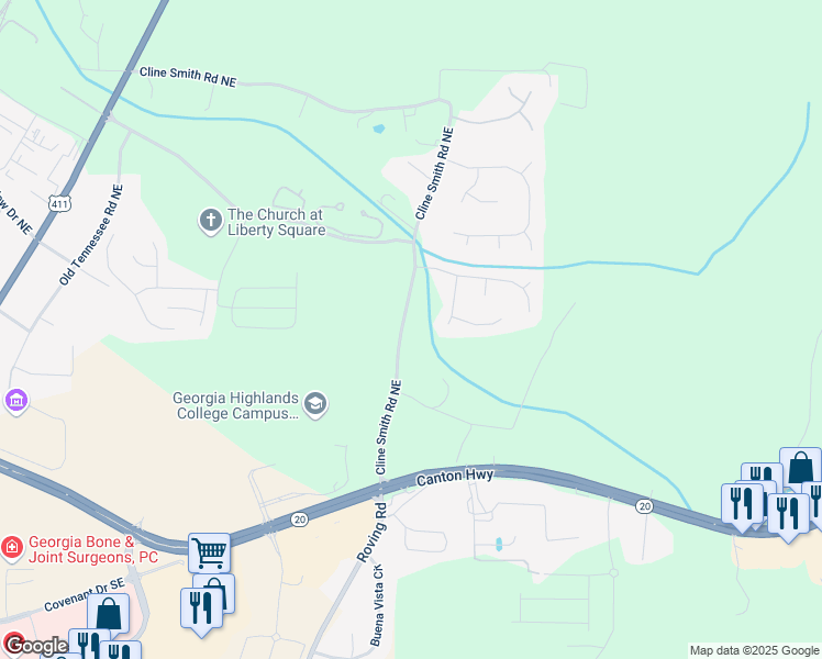 map of restaurants, bars, coffee shops, grocery stores, and more near 209 Cline Smith Road Northeast in Cartersville
