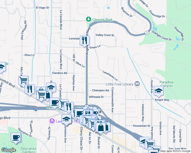 map of restaurants, bars, coffee shops, grocery stores, and more near 917 Flanders Road in La Cañada Flintridge