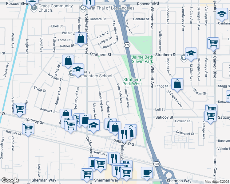 map of restaurants, bars, coffee shops, grocery stores, and more near 7736 Bellaire Avenue in Los Angeles