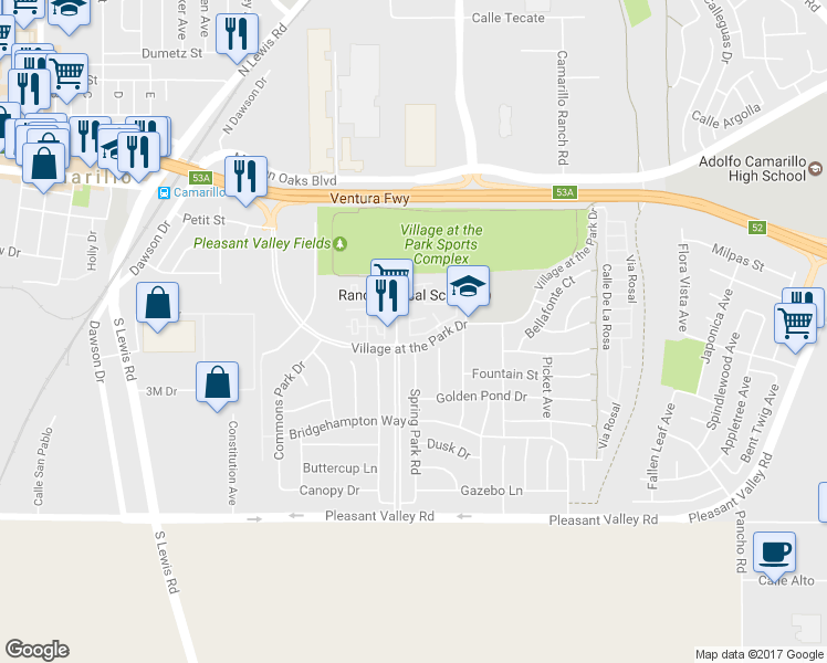 map of restaurants, bars, coffee shops, grocery stores, and more near 288 Lightwood Street in Camarillo