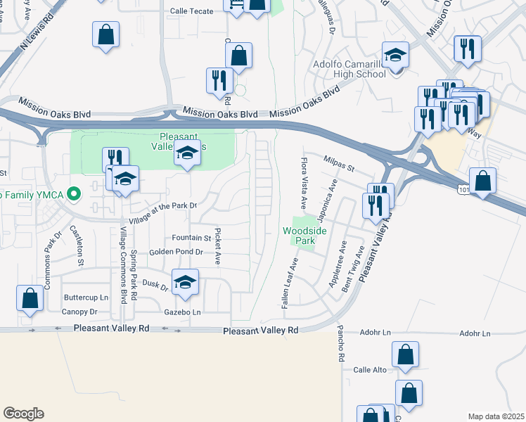 map of restaurants, bars, coffee shops, grocery stores, and more near 89 Via Gabilan in Camarillo