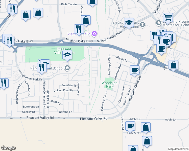 map of restaurants, bars, coffee shops, grocery stores, and more near 8 Via Rosal in Camarillo