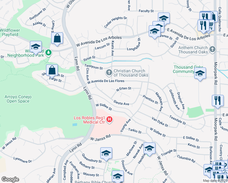 map of restaurants, bars, coffee shops, grocery stores, and more near 224 Whitworth Street in Thousand Oaks