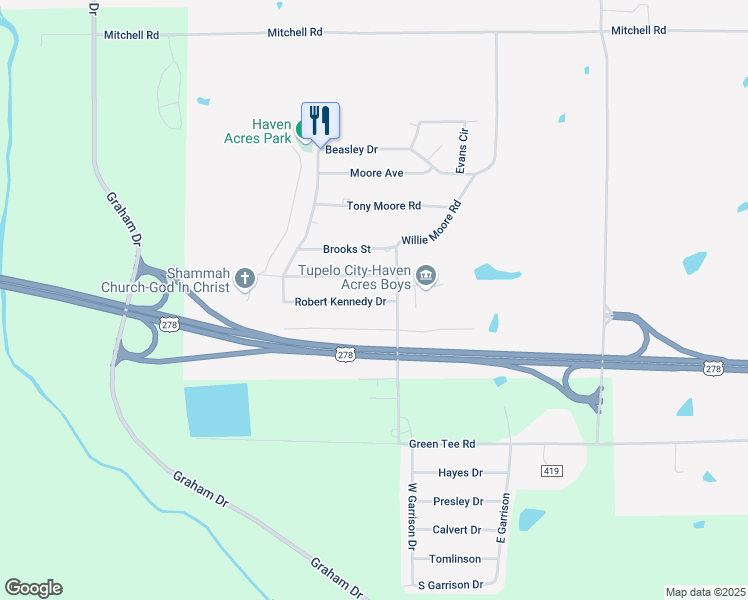 map of restaurants, bars, coffee shops, grocery stores, and more near 3317 Meadow Drive in Tupelo