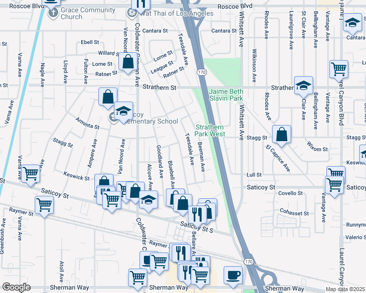 map of restaurants, bars, coffee shops, grocery stores, and more near 7736 Bellaire Avenue in Los Angeles