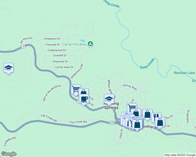 map of restaurants, bars, coffee shops, grocery stores, and more near 31721 Wagon Wheel Drive in Running Springs