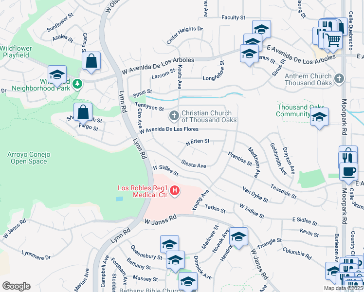 map of restaurants, bars, coffee shops, grocery stores, and more near 224 Whitworth Street in Thousand Oaks