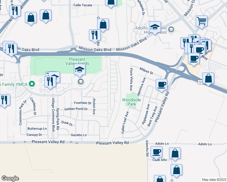 map of restaurants, bars, coffee shops, grocery stores, and more near 66 Via Sintra in Camarillo
