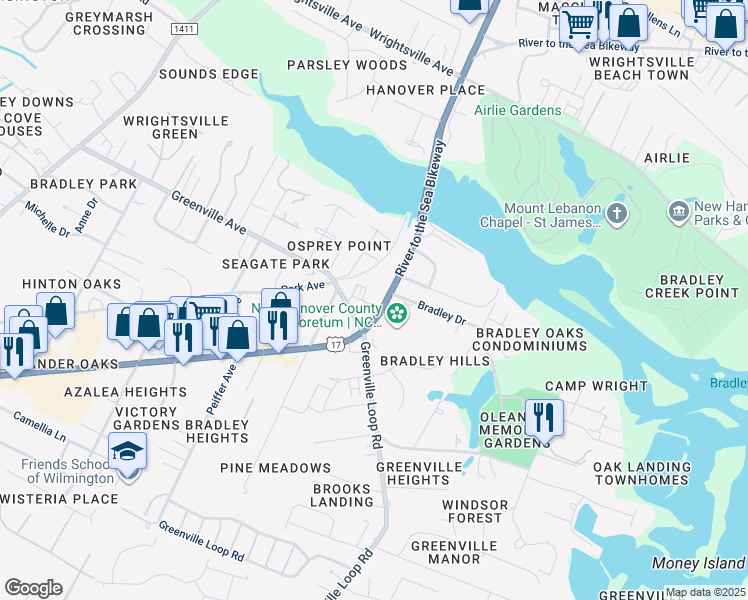 map of restaurants, bars, coffee shops, grocery stores, and more near 6301 Oleander Drive in Wilmington