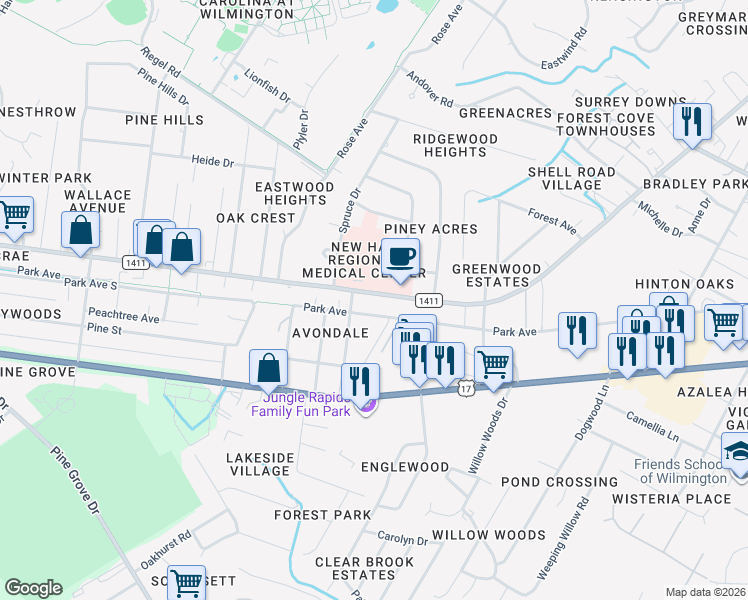 map of restaurants, bars, coffee shops, grocery stores, and more near 5313 Wrightsville Avenue in Wilmington