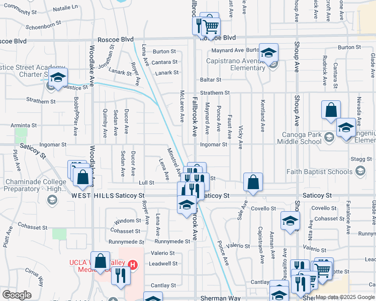 map of restaurants, bars, coffee shops, grocery stores, and more near 7746 McLaren Avenue in Los Angeles