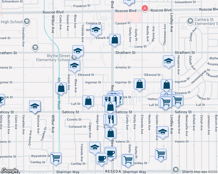 map of restaurants, bars, coffee shops, grocery stores, and more near 7745 Reseda Boulevard in Los Angeles