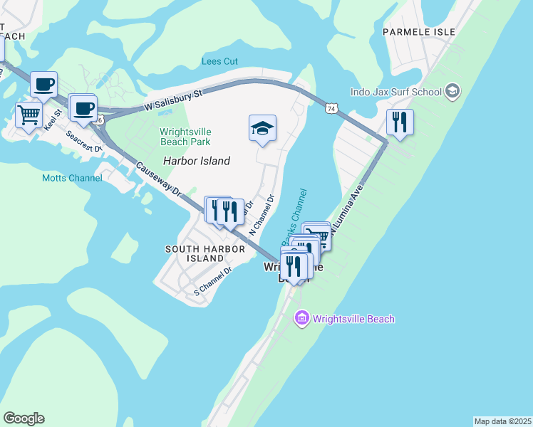 map of restaurants, bars, coffee shops, grocery stores, and more near 202 North Channel Drive in Wrightsville Beach