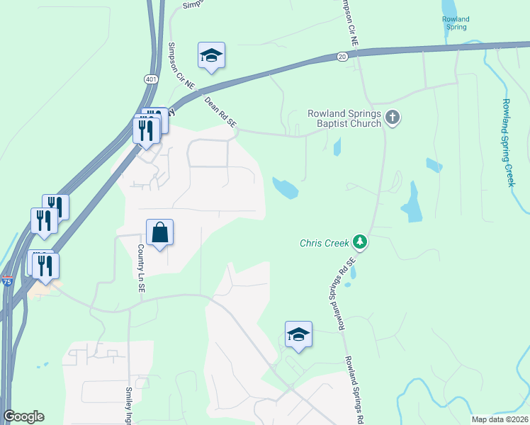 map of restaurants, bars, coffee shops, grocery stores, and more near 50 Azalea Drive Southeast in Cartersville