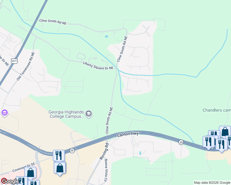 map of restaurants, bars, coffee shops, grocery stores, and more near 201 Cline Smith Road Northeast in Cartersville