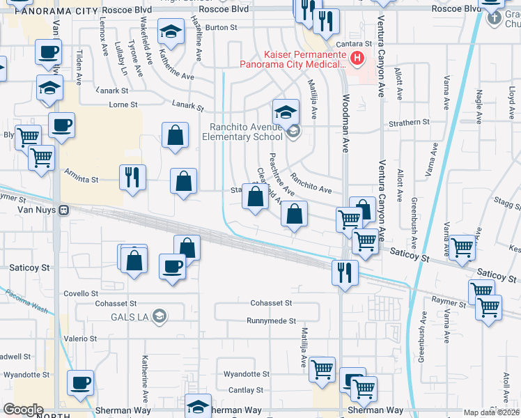 map of restaurants, bars, coffee shops, grocery stores, and more near 7777 Cherrystone Avenue in Los Angeles