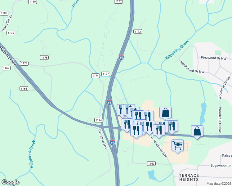 map of restaurants, bars, coffee shops, grocery stores, and more near 2374 Alabama 157 in Cullman