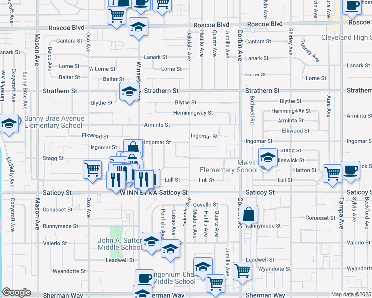 map of restaurants, bars, coffee shops, grocery stores, and more near 7721 Oakdale Avenue in Los Angeles