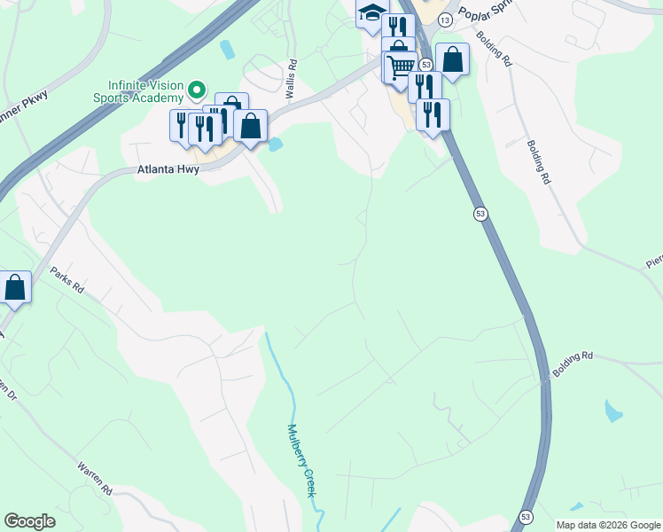 map of restaurants, bars, coffee shops, grocery stores, and more near 3636 Osborn Road in Flowery Branch