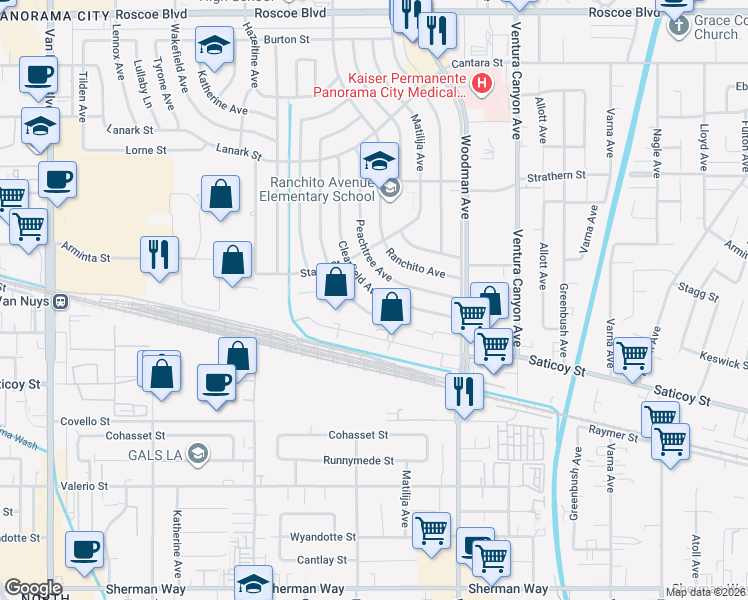 map of restaurants, bars, coffee shops, grocery stores, and more near 7801 Clearfield Avenue in Los Angeles