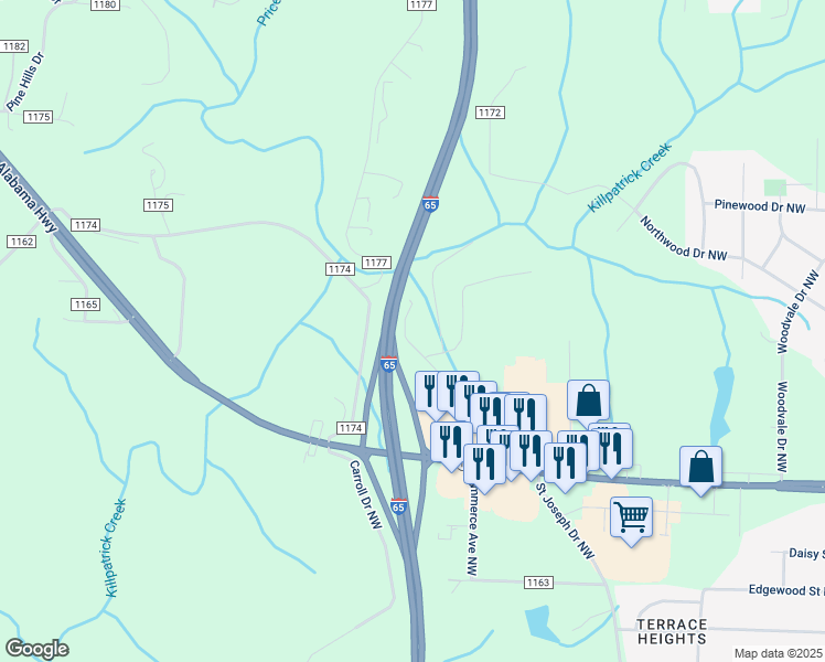 map of restaurants, bars, coffee shops, grocery stores, and more near 2374 Alabama 157 in Cullman