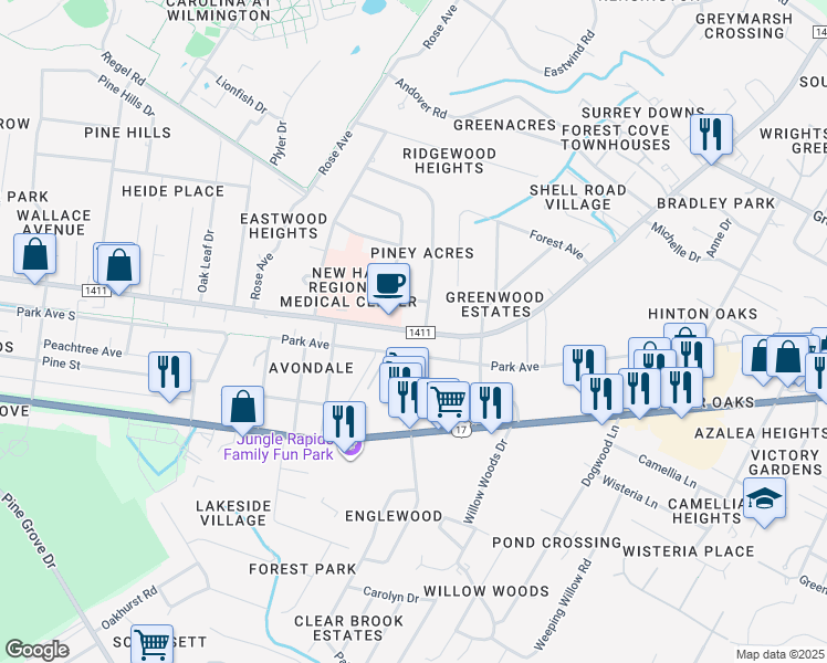 map of restaurants, bars, coffee shops, grocery stores, and more near State Road 1411 in Wilmington