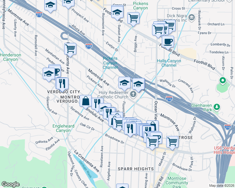 map of restaurants, bars, coffee shops, grocery stores, and more near 2501 Montrose Avenue in La Crescenta-Montrose