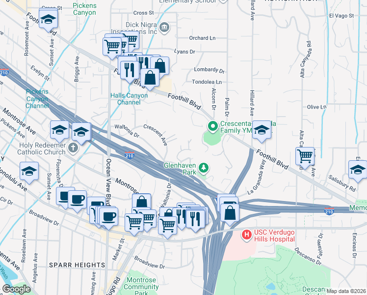 map of restaurants, bars, coffee shops, grocery stores, and more near 4403 Rockmere Way in La Cañada Flintridge