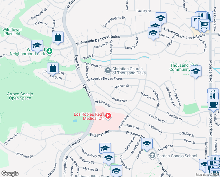 map of restaurants, bars, coffee shops, grocery stores, and more near 260 Whitworth Street in Thousand Oaks