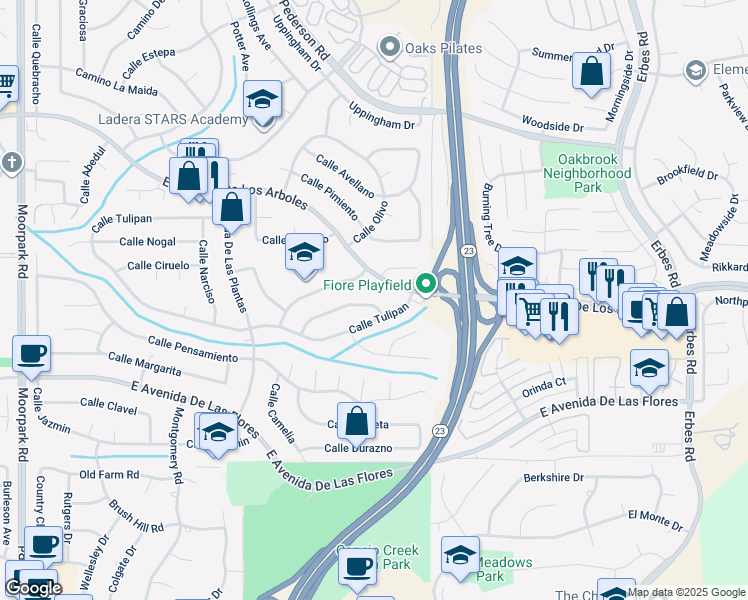 map of restaurants, bars, coffee shops, grocery stores, and more near 1385 Calle Crisantemo in Thousand Oaks