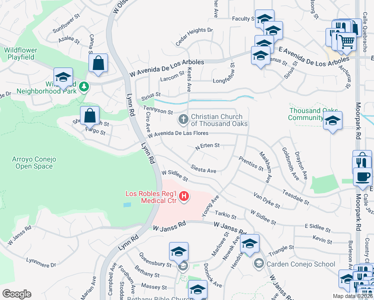 map of restaurants, bars, coffee shops, grocery stores, and more near 260 Whitworth St in Thousand Oaks