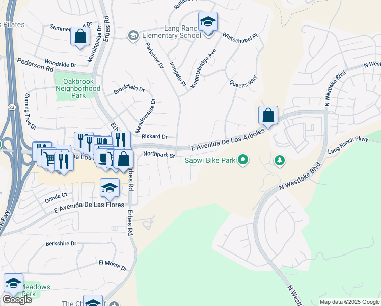 map of restaurants, bars, coffee shops, grocery stores, and more near 2371 Northpark Street in Thousand Oaks